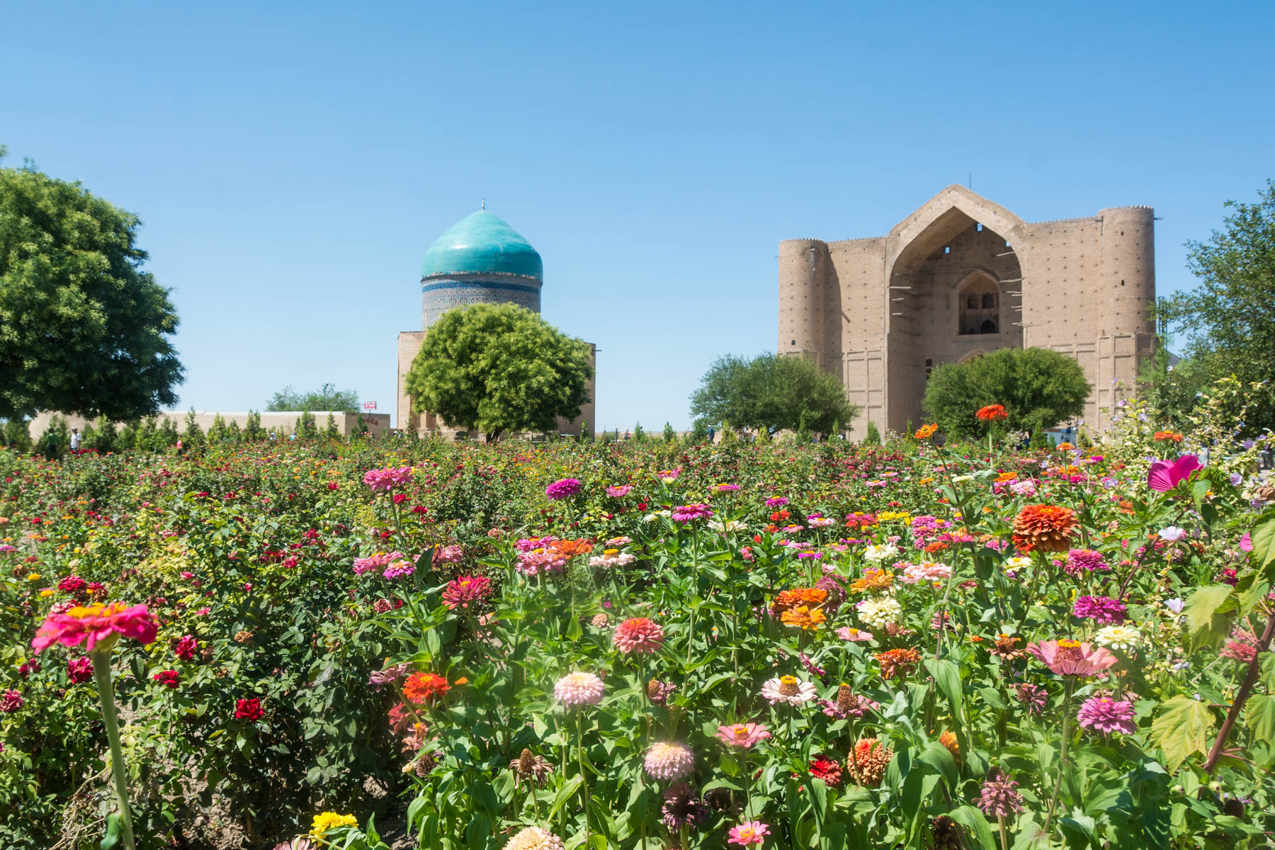 Flowers at the Khoja Ahmed Yasawi mosque in Turkestan, Kazakhstan - Lost With Purpose