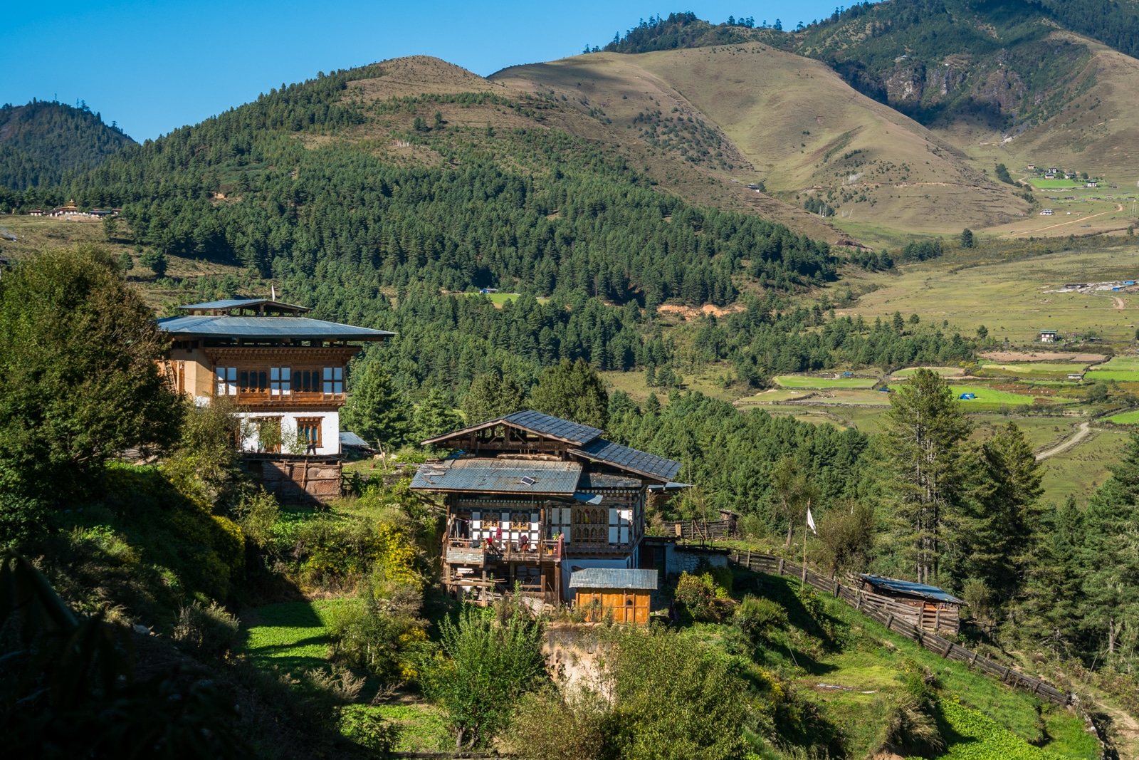 Traditional Bhutanese houses in Phobjikha Valley