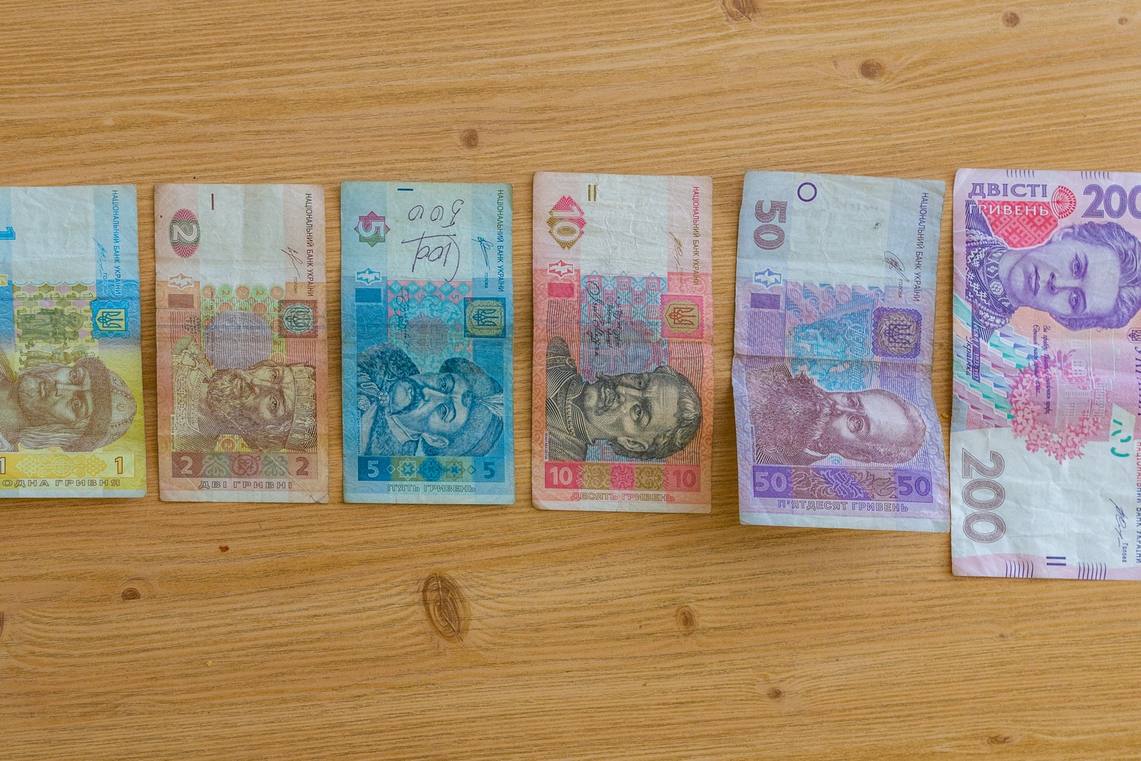 Ukrainian currency lined in a row